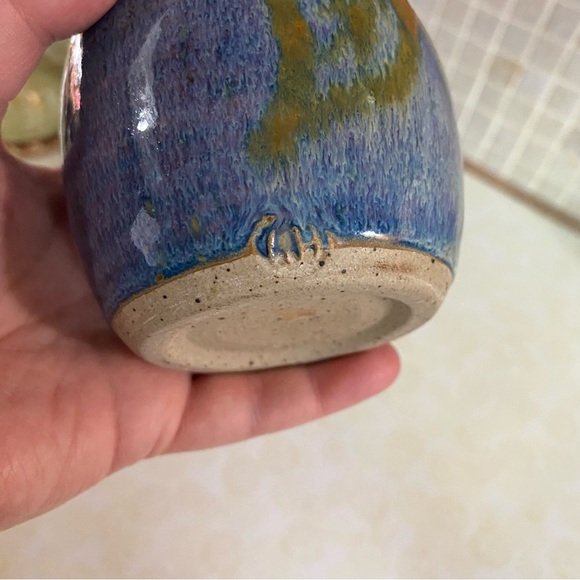 Vintage pottery salt cellar blue glazed handmade pottery salt dish Signed - Picture 5 of 8